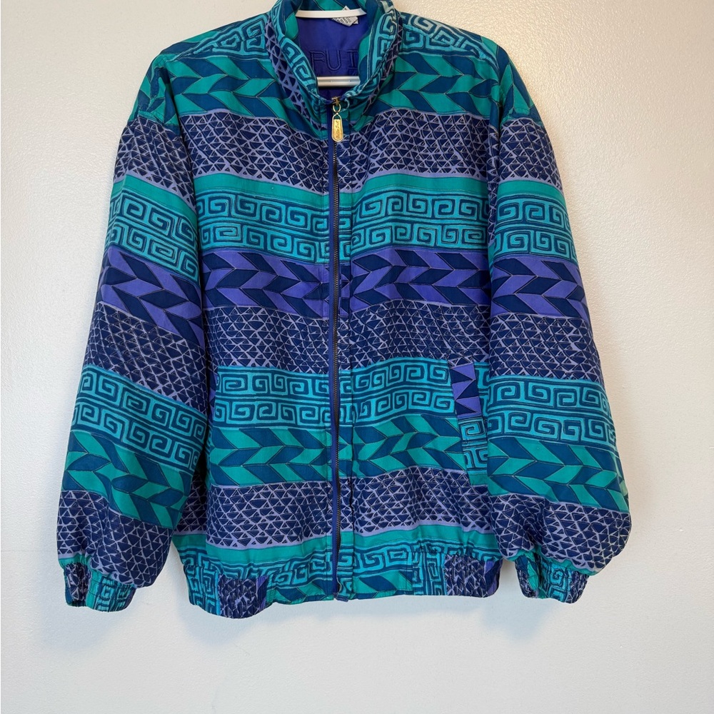 Patterned Blue and Green Bomber Jacket